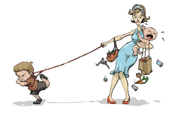 Карикатура два ребёнка и мама