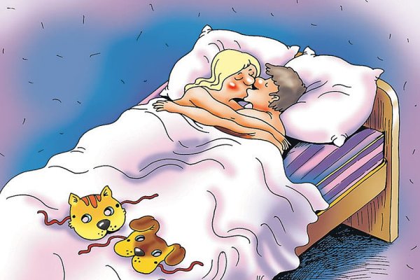 Карикатуры муж и жена в кровати